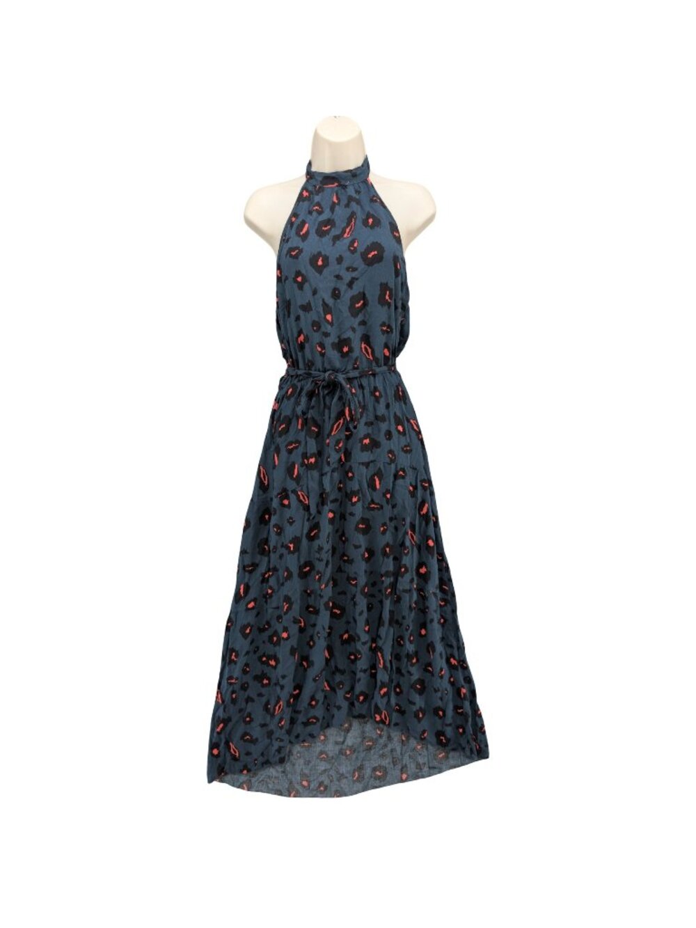 PrettyGarden Leopard Maxi Dress Teal Vibrant Orange Halter Belted Backless Sz S